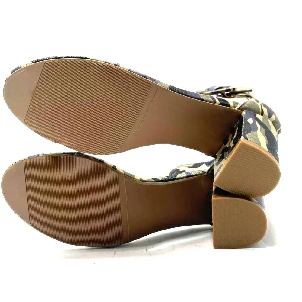 Ashley Stewart Women's Camo Ankle Strap Sandals Clear Toe Band Heels Size 8W